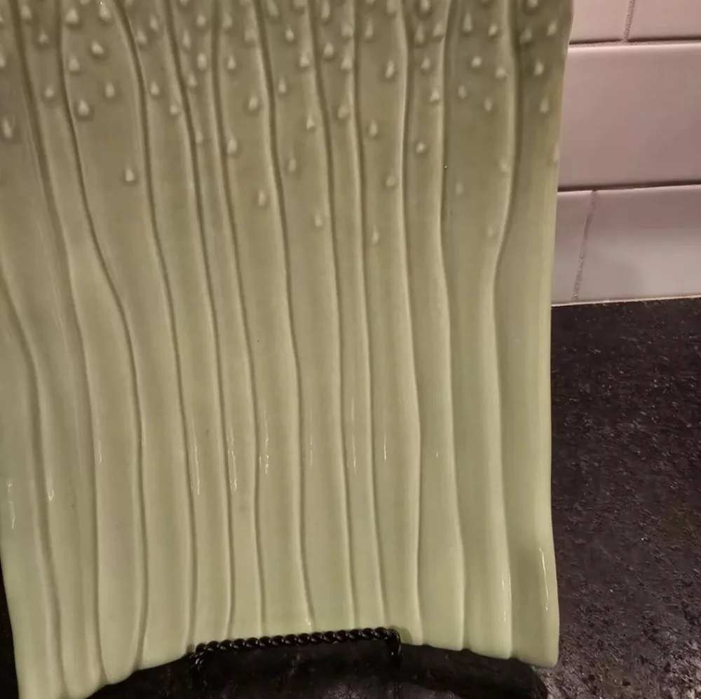 Crate & Barrel rectangular pale green asparagus curved serving dish platter